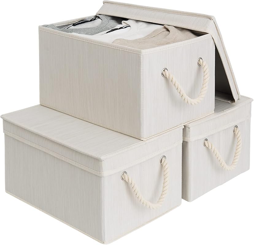 StorageWorks large ivory and white storage bins with lids, soft rope h
