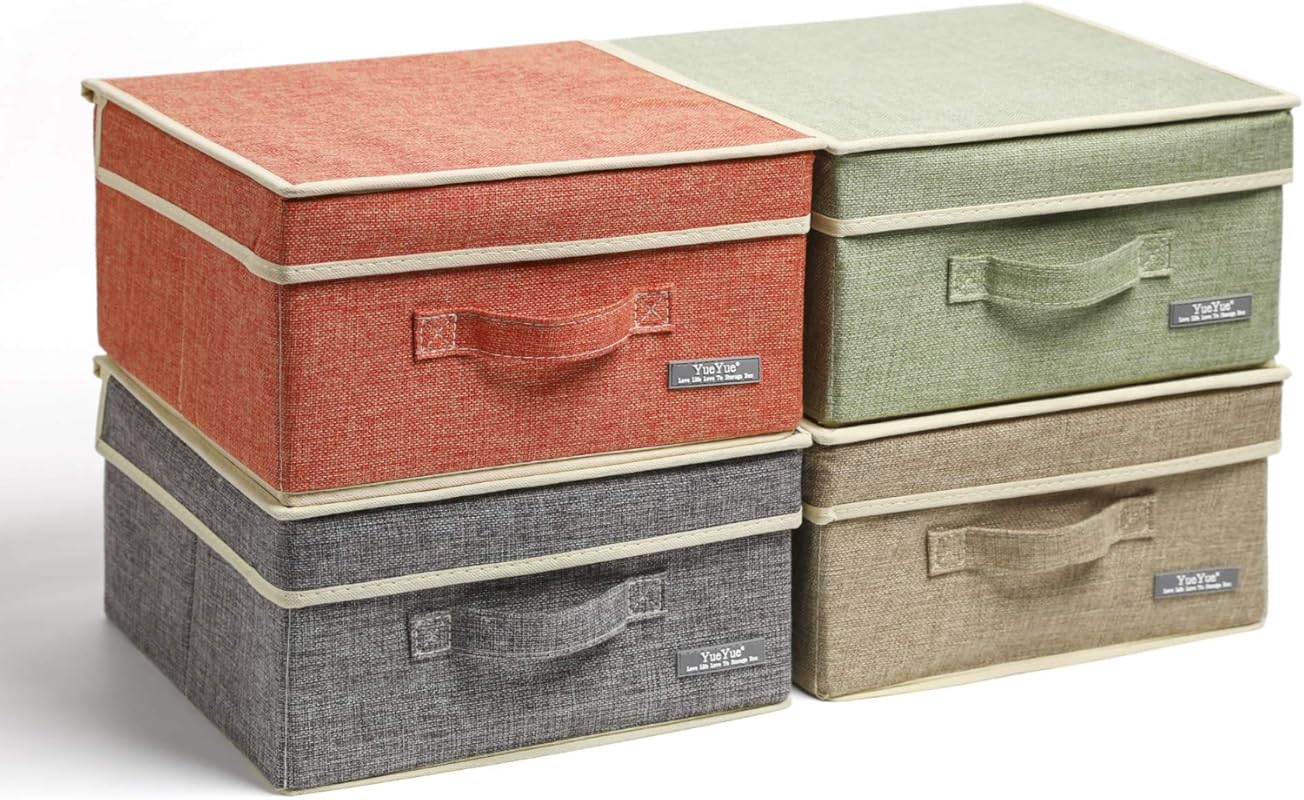 YueYue small fabric storage boxes with lids, 4‑pack foldable linen org