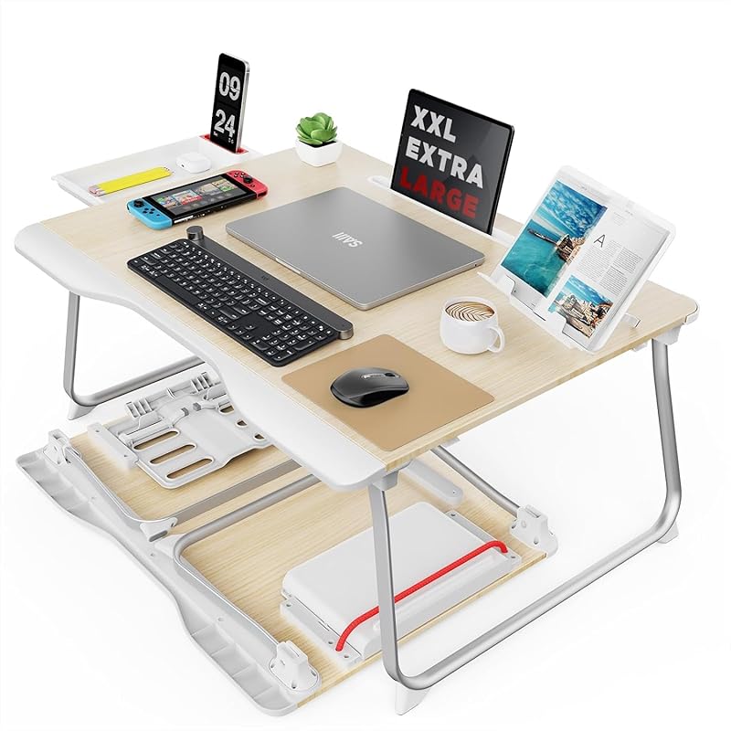 SAIJI Extra Large Folding Bed Desk for Laptop, Portable Wood Lap Desk 