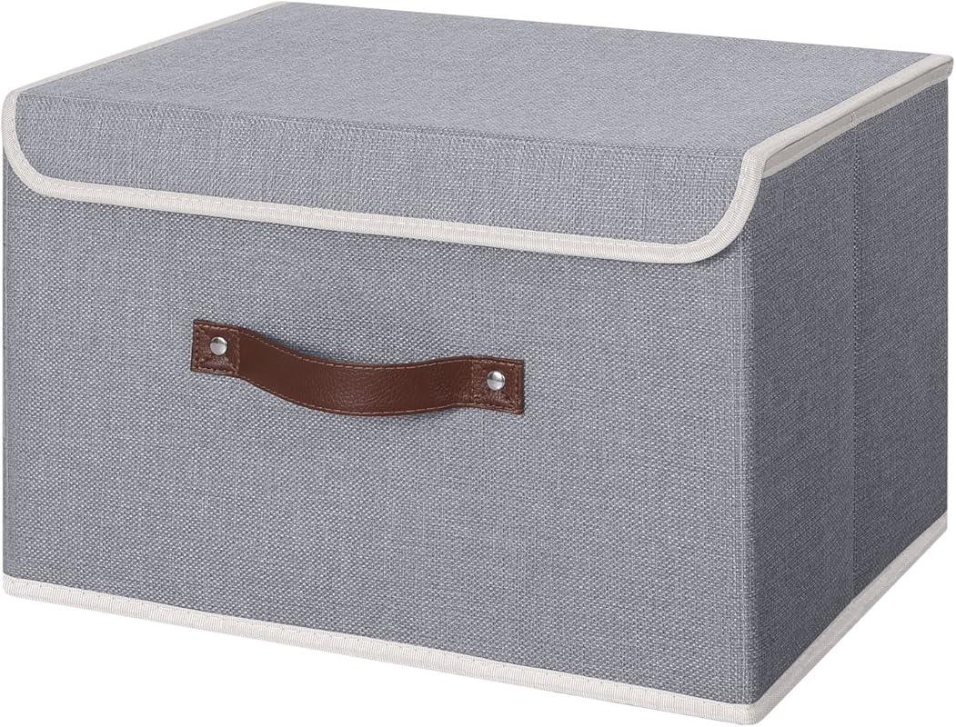 ANMINY large gray foldable storage bin with lid, PU leather handles, d