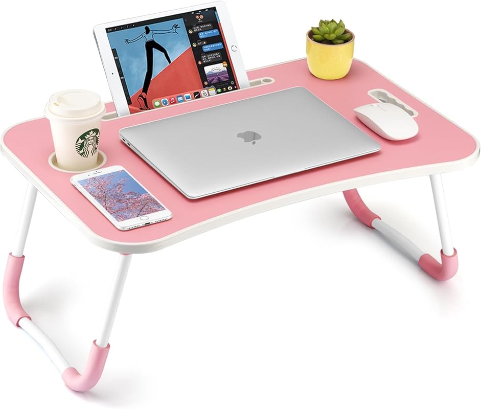 Foldable portable lap desk with cup holder, tablet slot, and lifting h