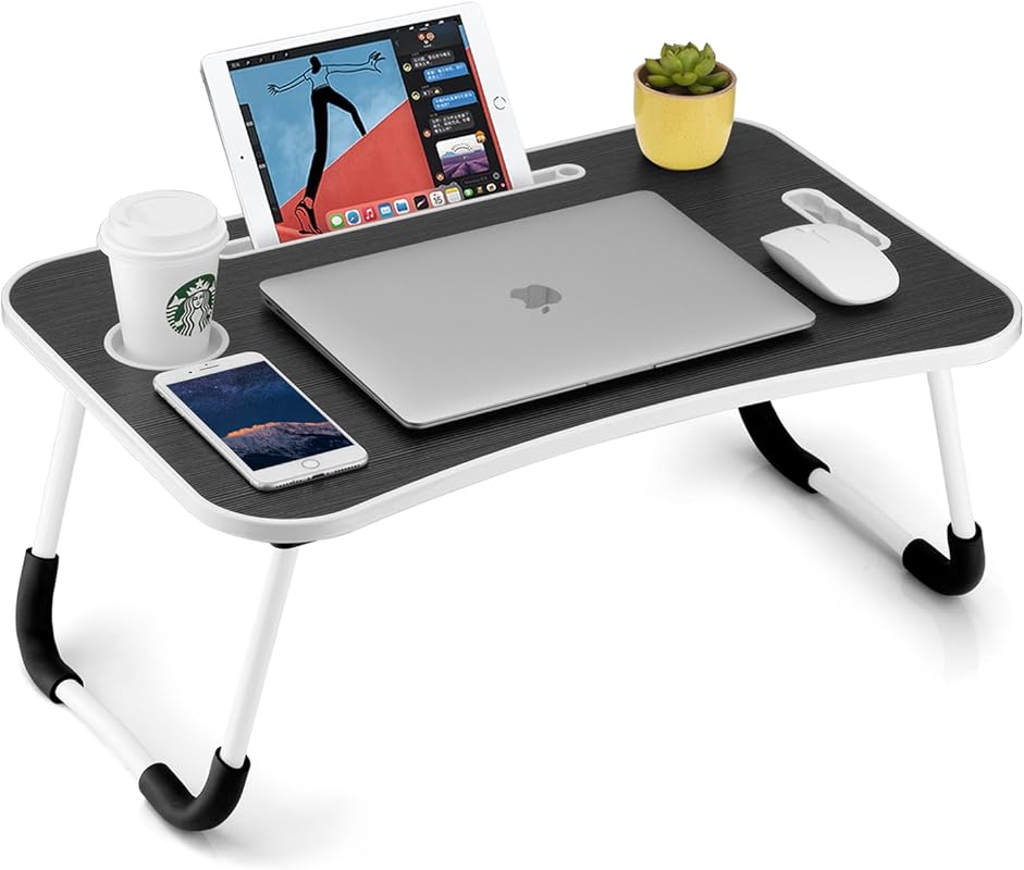 Foldable portable lap desk with cup holder, tablet slot, and lifting h