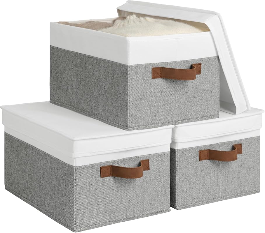 StorageWorks gray and white decorative storage boxes with lids, PU han