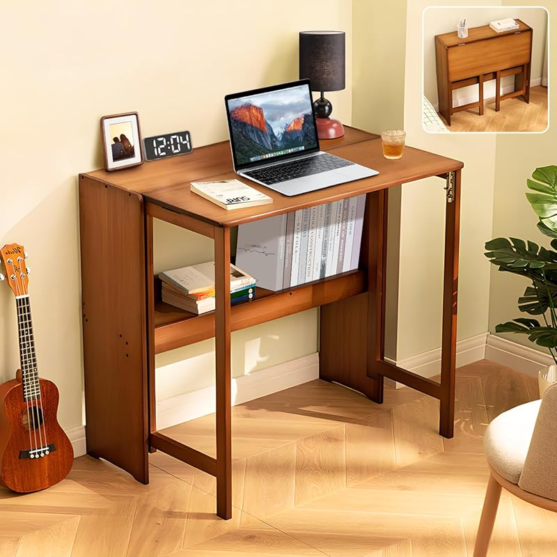 Bamboo space saving fold out desk with storage for small spaces, ideal