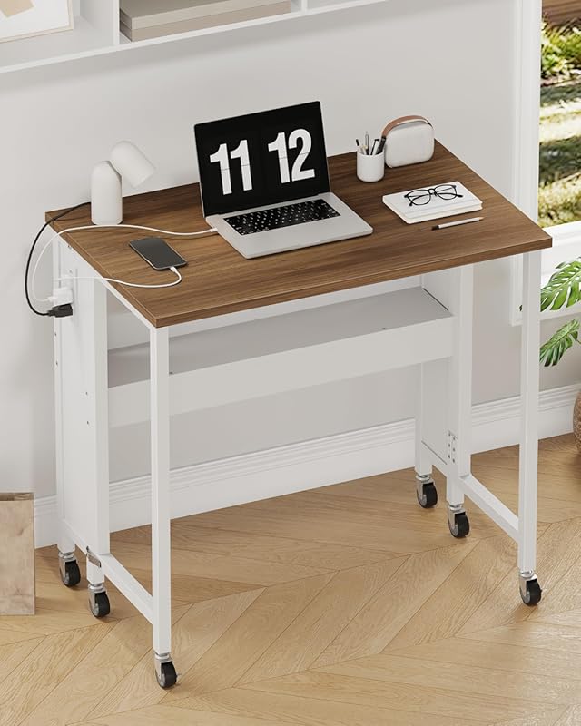 31.5 Inch Modern Folding Computer Desk with Power Outlets Wheels and S