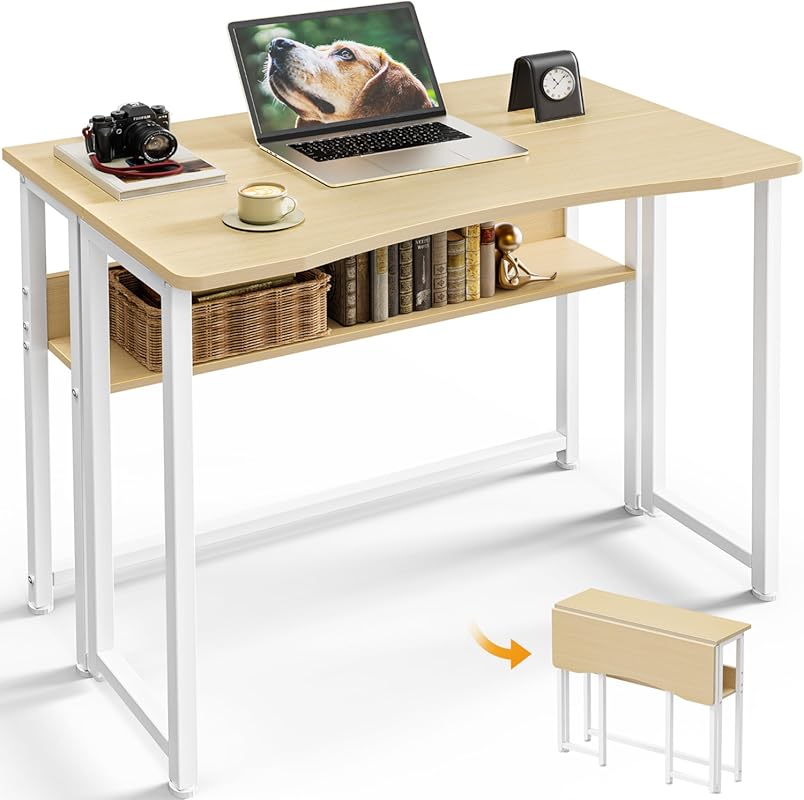 Huuger 31.5 inch Foldable Desk with Storage Shelf Oak Computer Table f