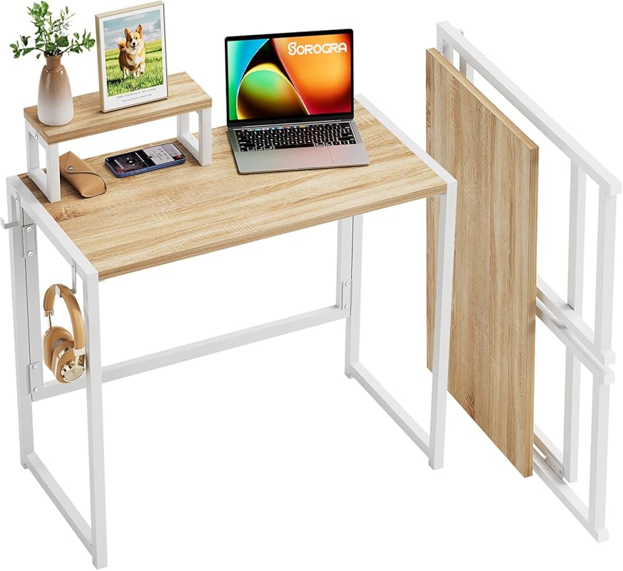 31.5 inch Folding Desk with Monitor Stand and Hook Oak Foldable Comput
