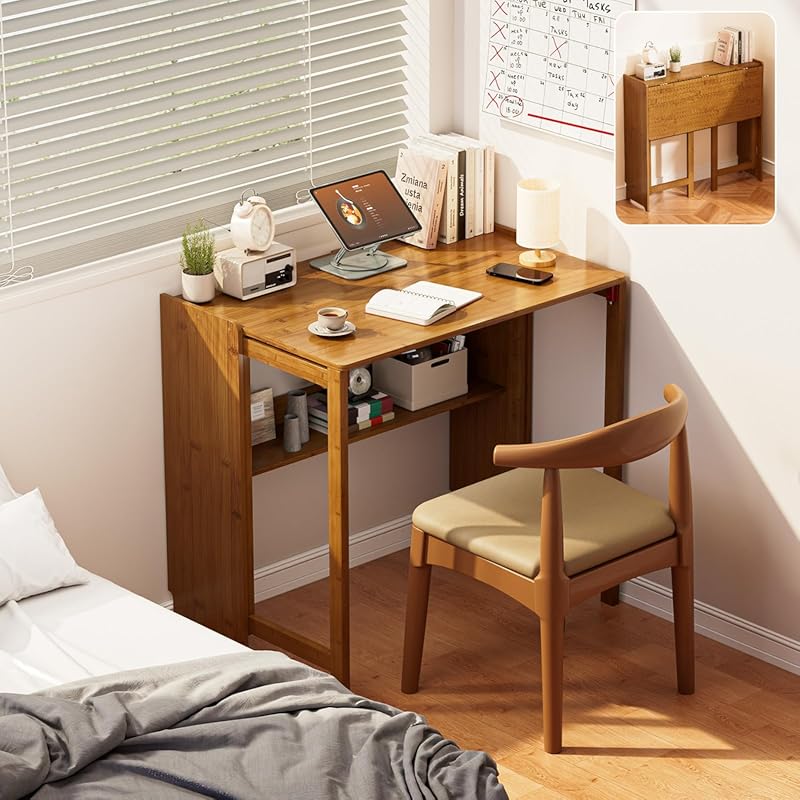 Bamboo Foldable Mid Century Desk with Bookshelf Small Computer Table f