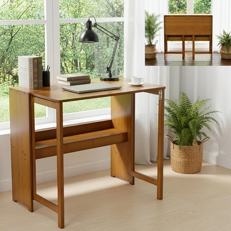 Bamboo Foldable Desk with Bookshelf Space Saving Study Table for Home 