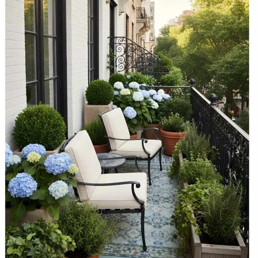 Classic Garden Balcony with Hydrangeas