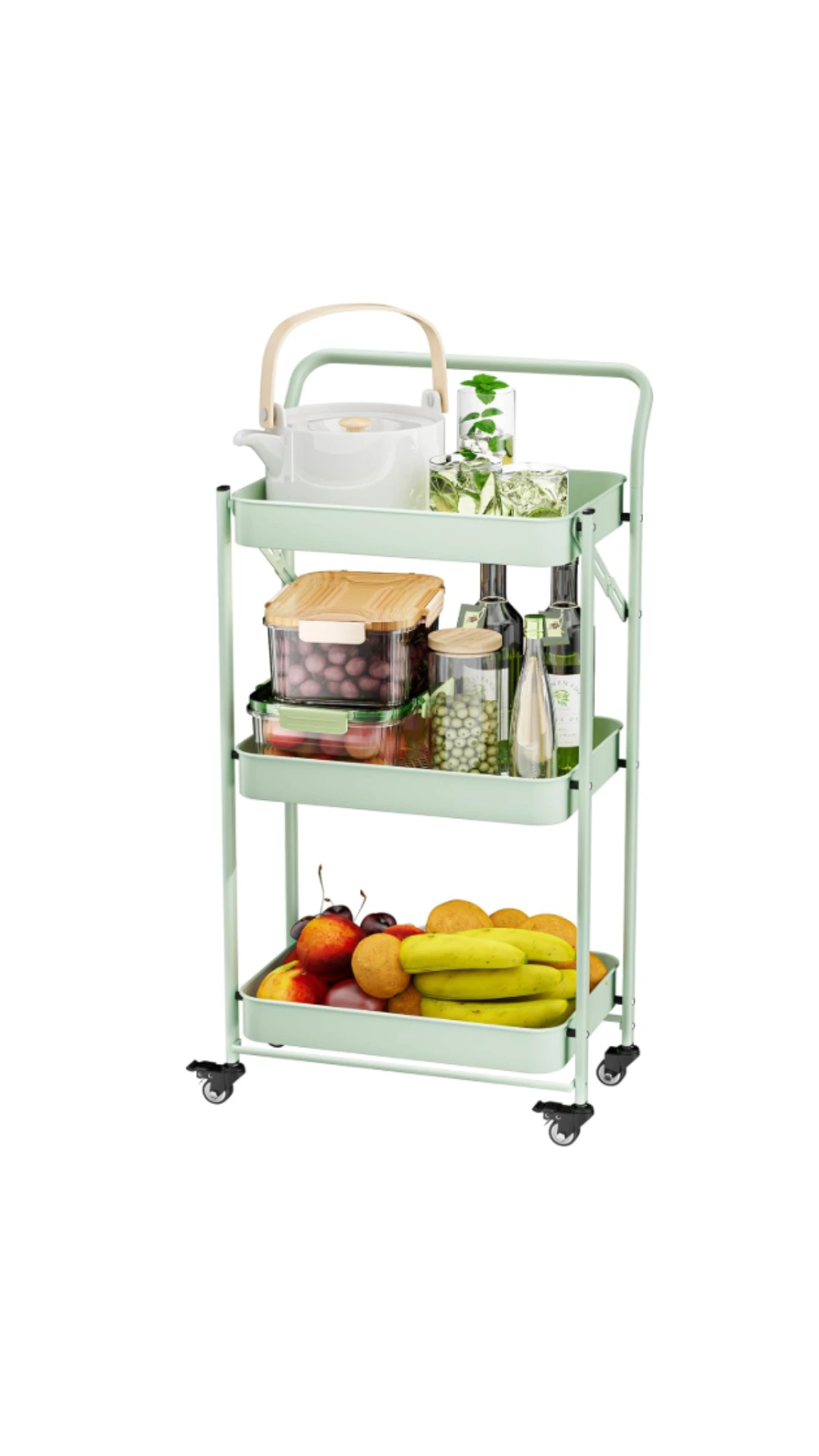 Foldable 3 tier rolling cart metal wheels apartment kitchen bathroom