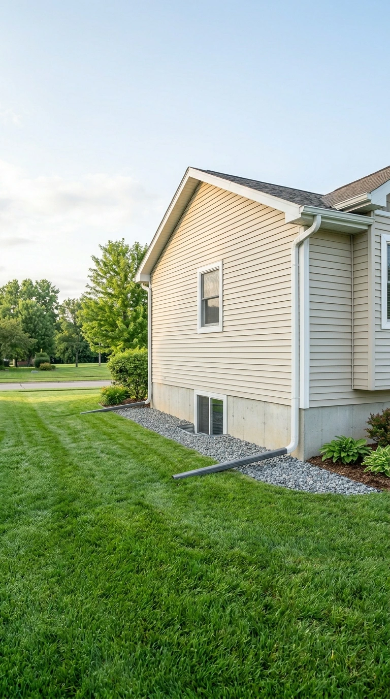 How to fix drainage around house — downspout and French drain near foundation