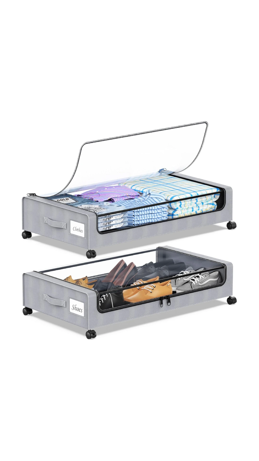 Under-bed storage containers zippered clear window 2 pack gray