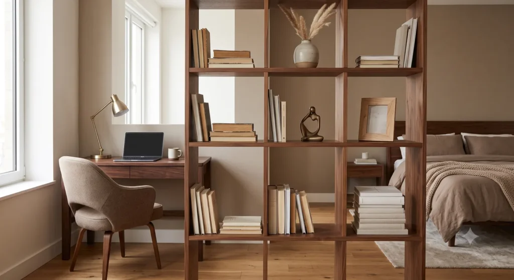 Bookshelf used as a room divider to separate a home office zone