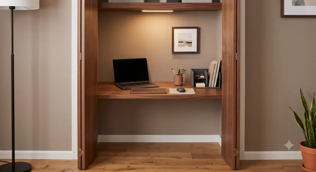 Closet converted into a compact cloffice with a slim shelf desk