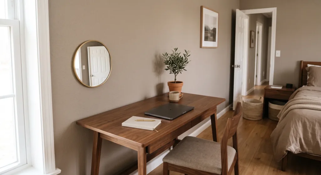 Desk placed in a corner away from the door to reduce distractions