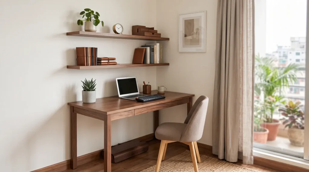 Home office decor ideas showing desk placement and organization in a small room