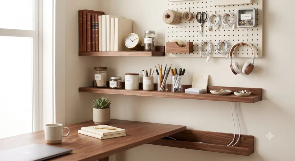 Vertical wall storage and cable management above a home office desk