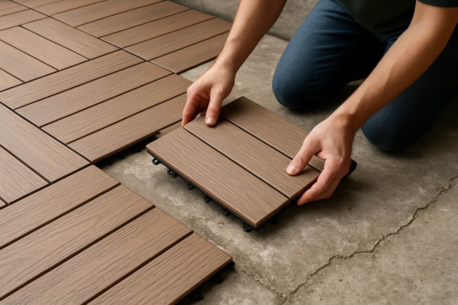 Interlocking wood-look composite deck tiles being installed over an old concrete patio slab