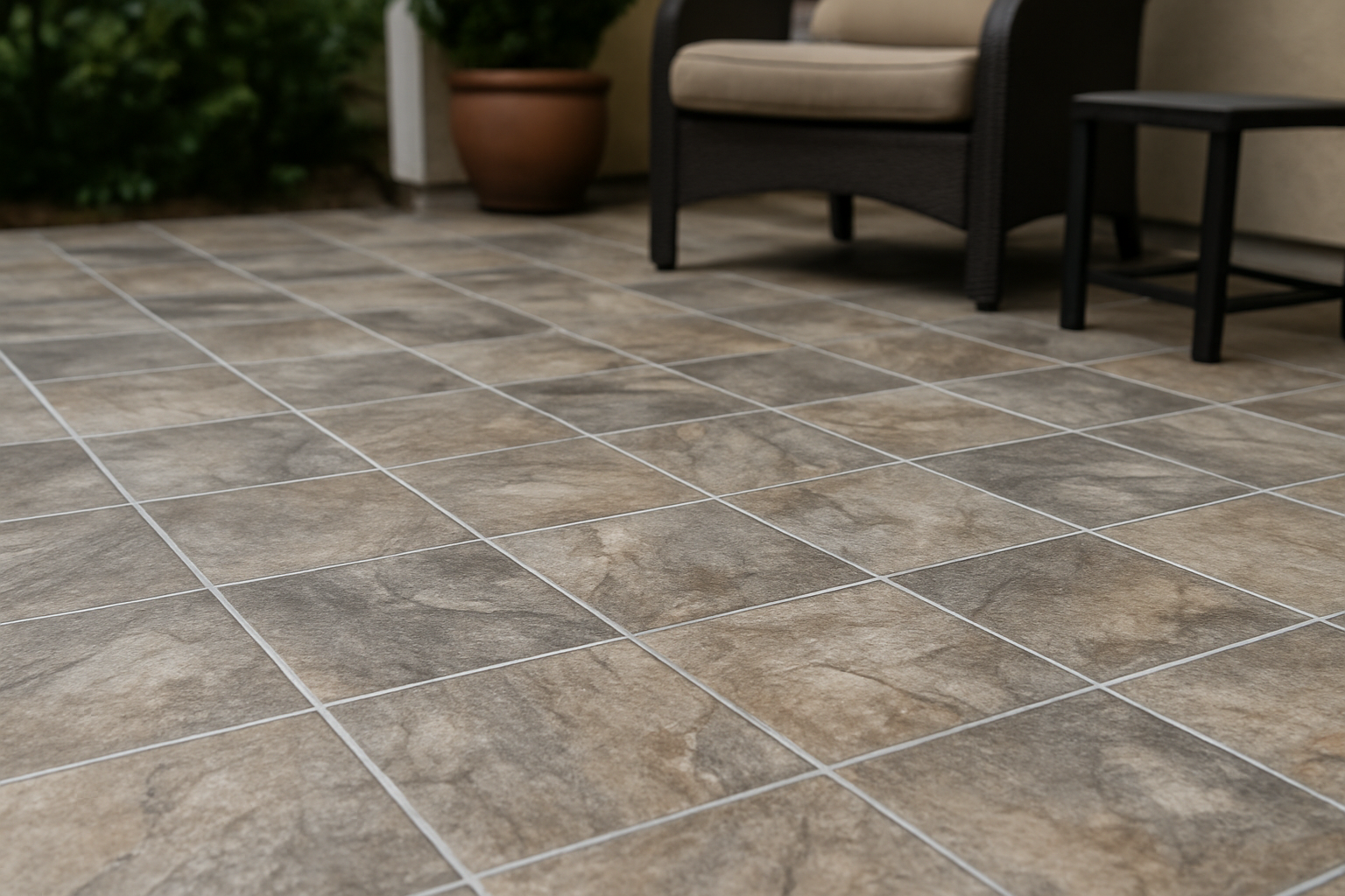 Close-up of peel-and-stick outdoor vinyl tile flooring with a stone-look pattern