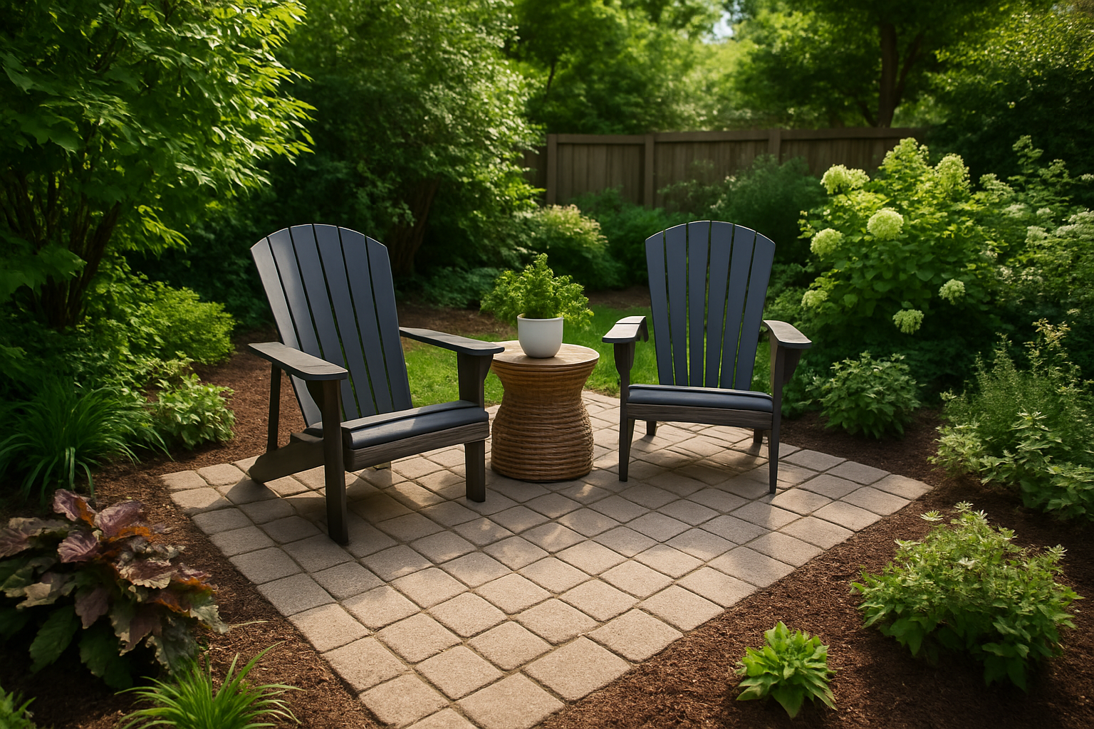 A small DIY paver patio nook with two chairs set in sand
