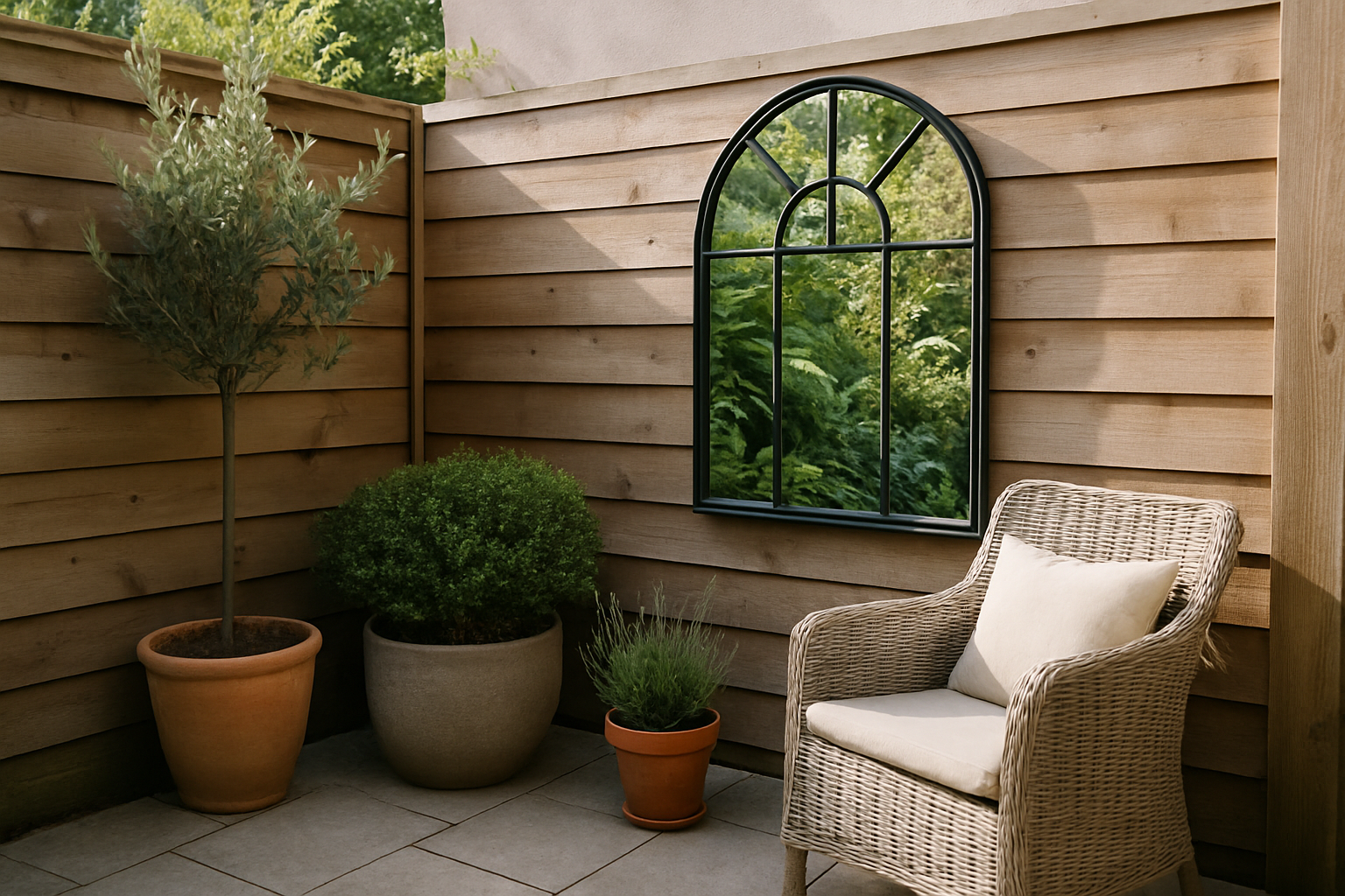Small patio corner with an outdoor mirror mounted on a wooden fence reflecting greenery