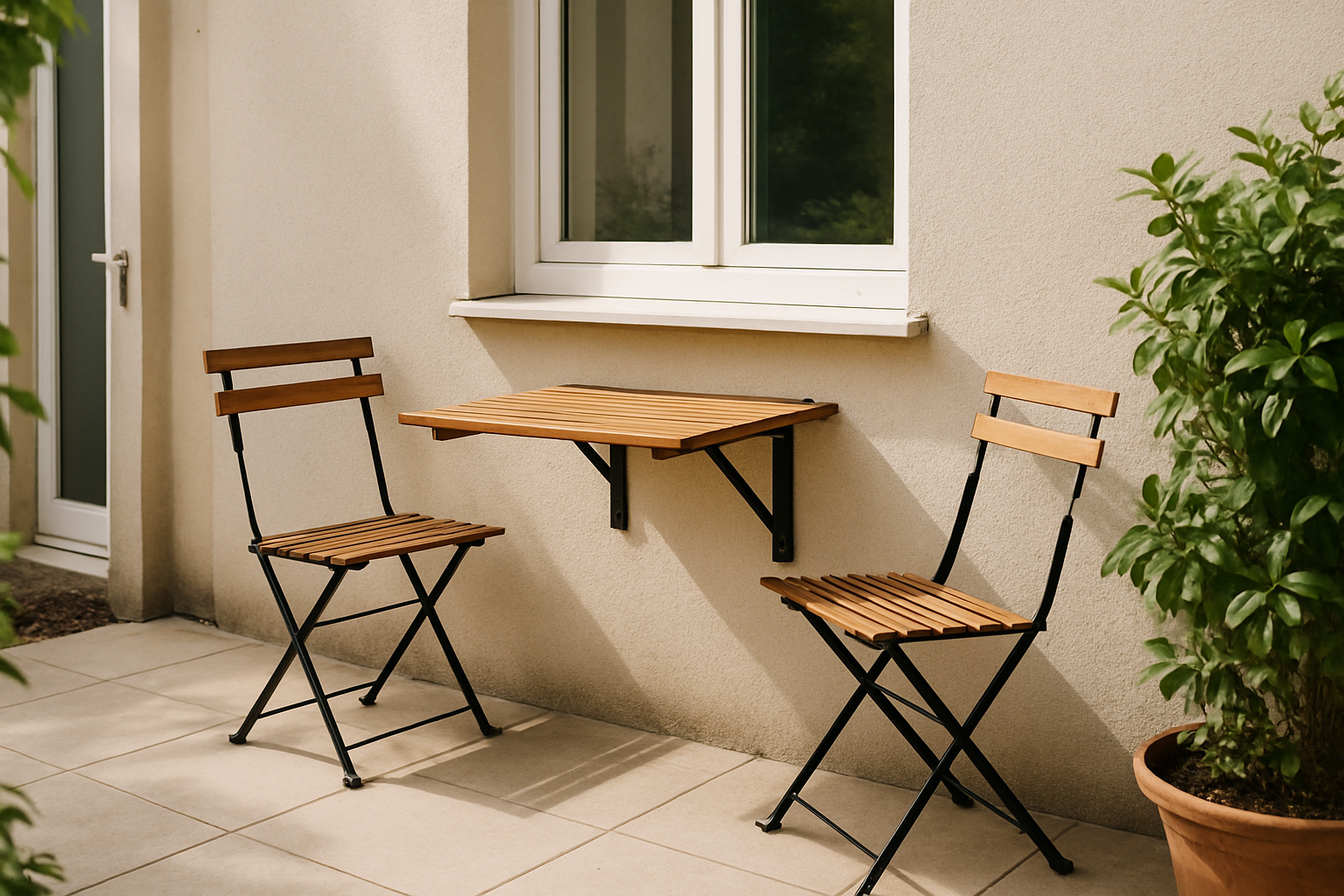A small patio with a wall-mounted folding table and two folding chairs
