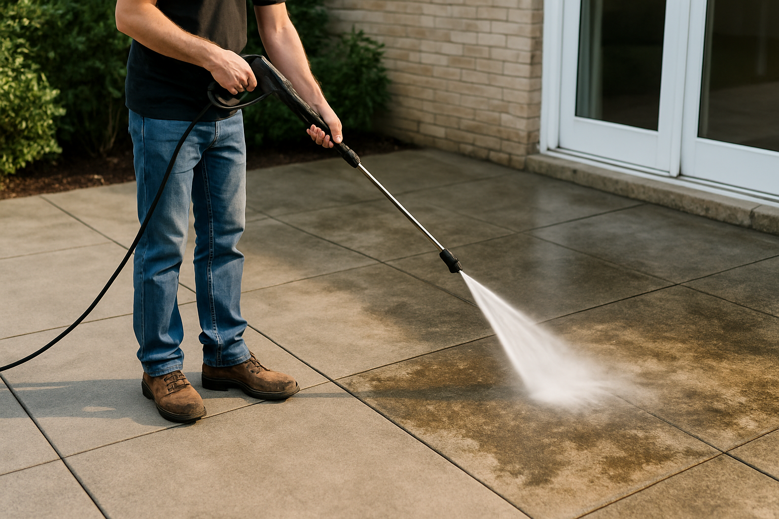 A person pressure washing a dirty gray concrete patio slab