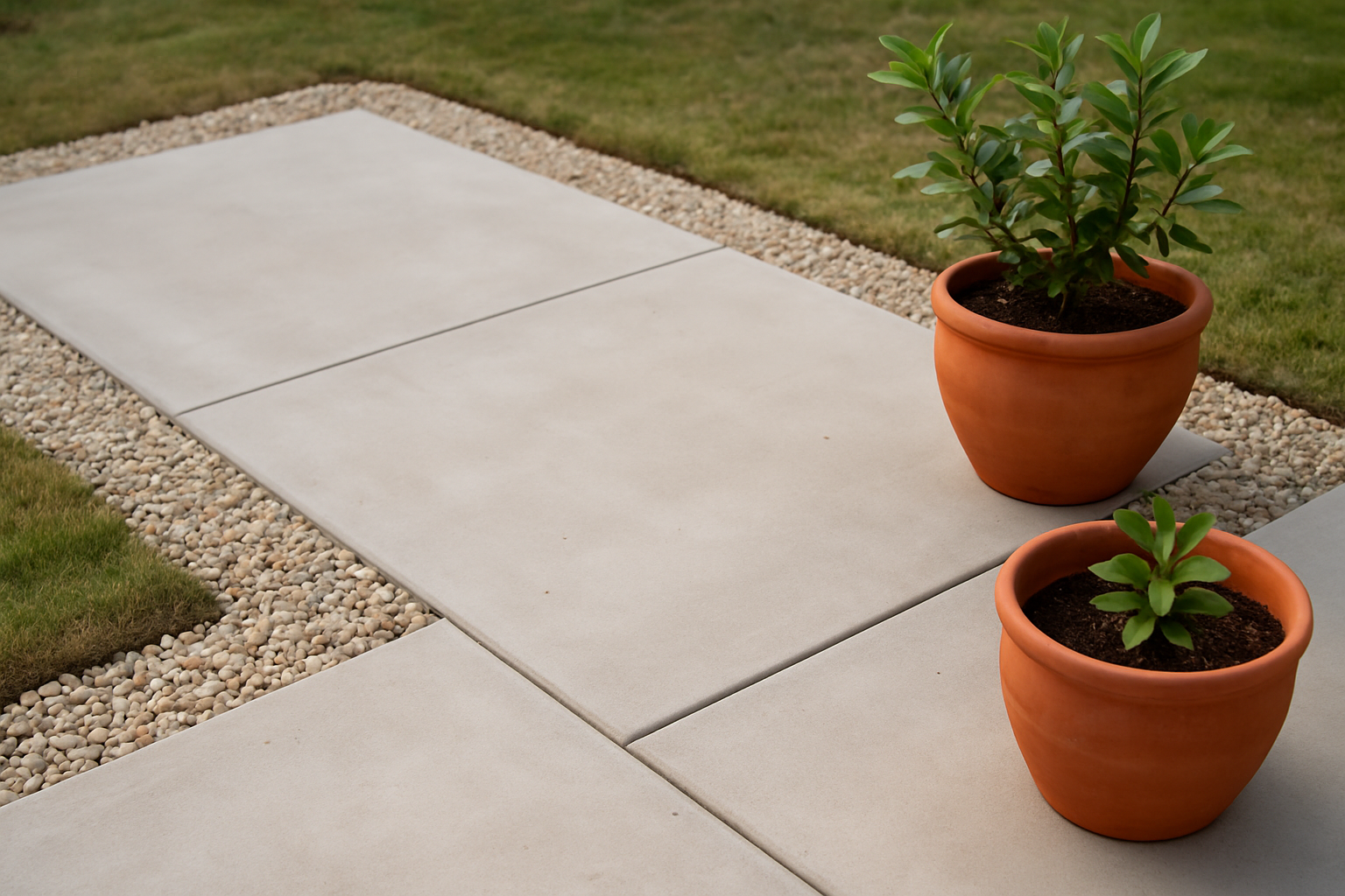 Pea gravel border along a concrete patio edge with terracotta pots at the corners