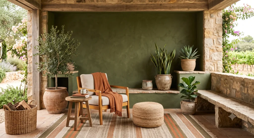 Bold painted accent wall used as a backdrop on a patio