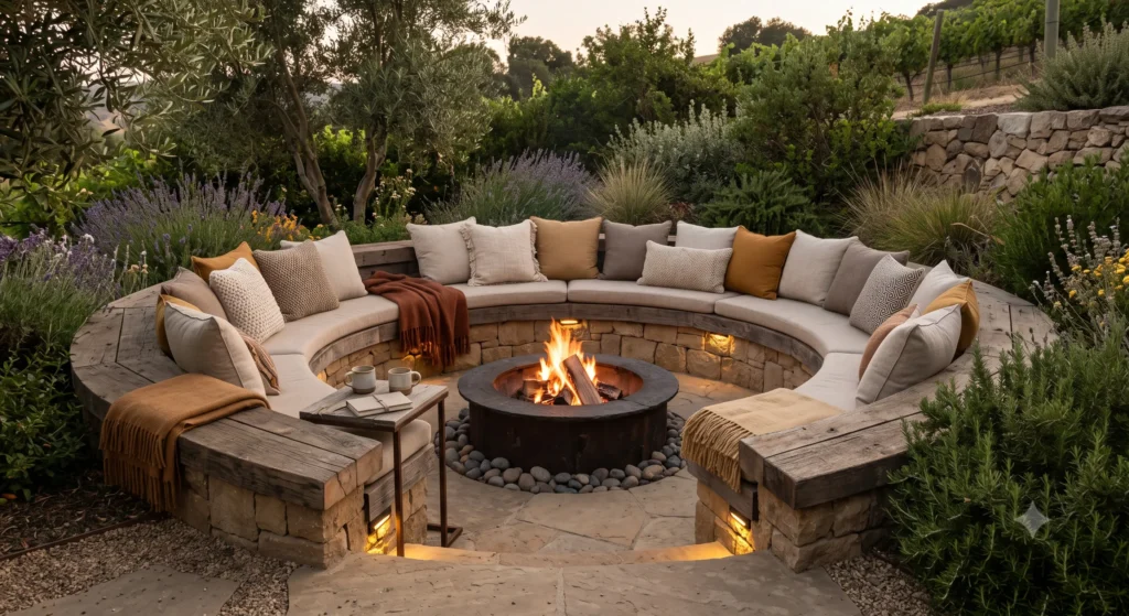 Built-in bench seating arranged around a patio fire pit
