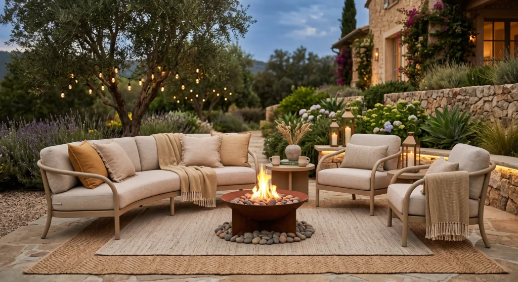 Patio furniture arranged around a central focal point
