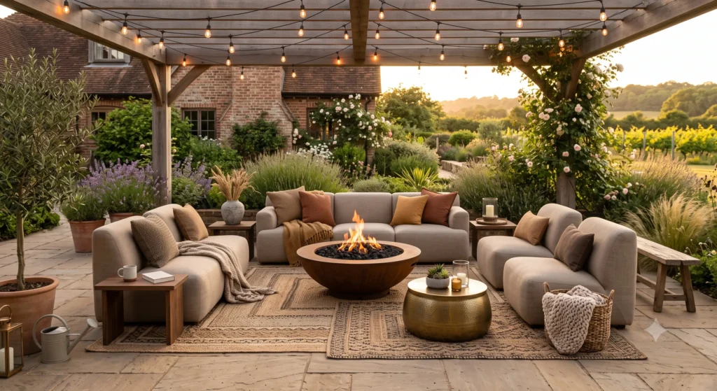 Outdoor living trends for 2026 shown in a styled patio setting