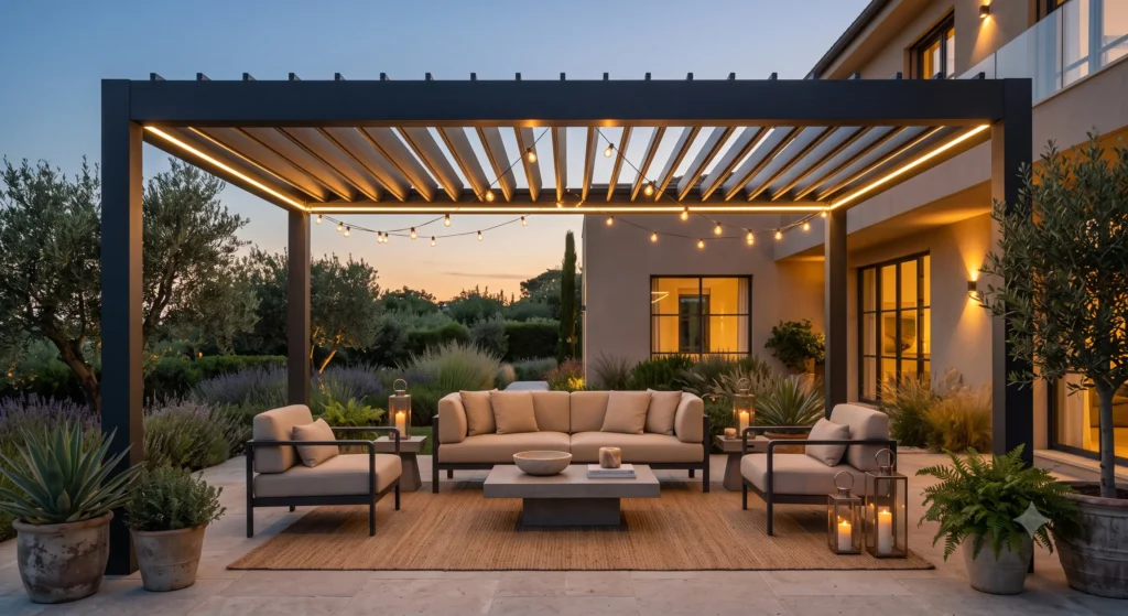 Modern pergola with integrated lighting over a patio seating area