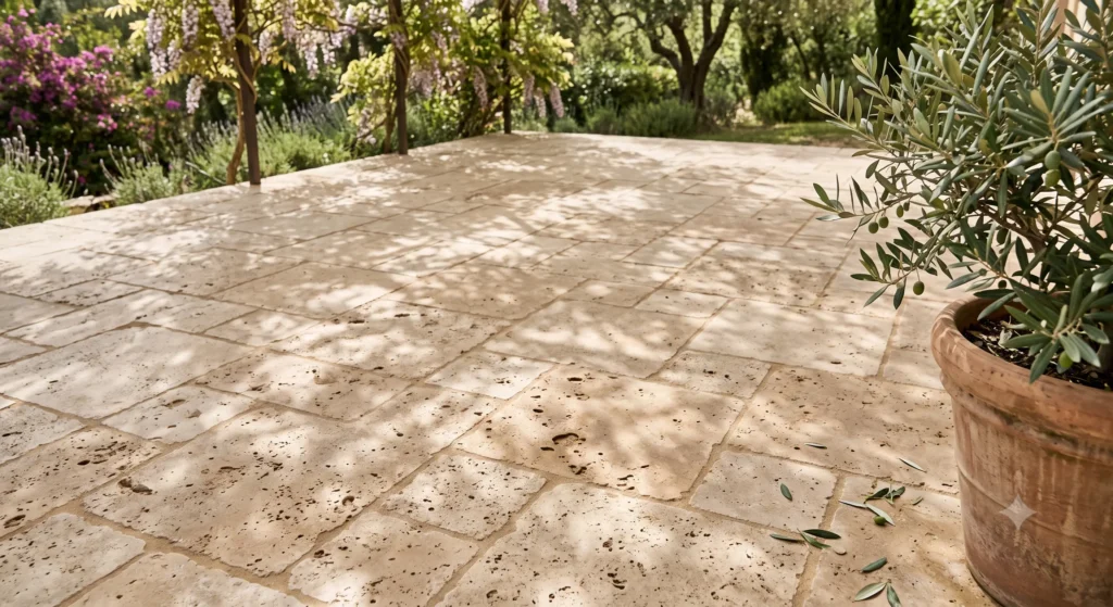 Natural travertine stone patio tile in a warm neutral tone