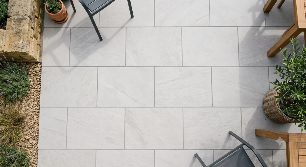 Close-up of a porcelain paver showing surface texture and edge profile