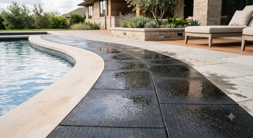 Rubber pavers installed around a pool for slip resistance