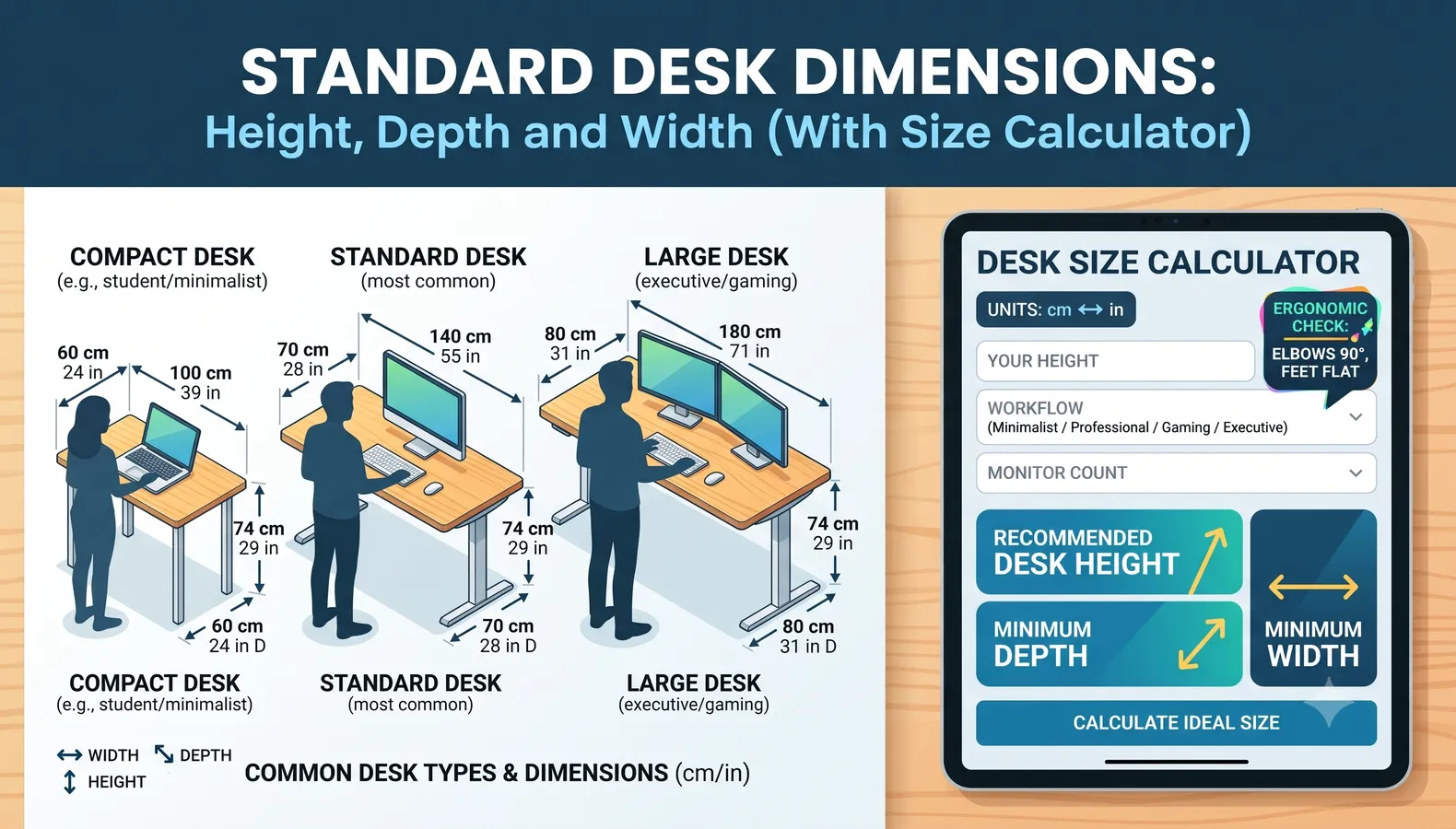 Standard Desk Dimensions: Height, Depth and Width (With Size Calculator)