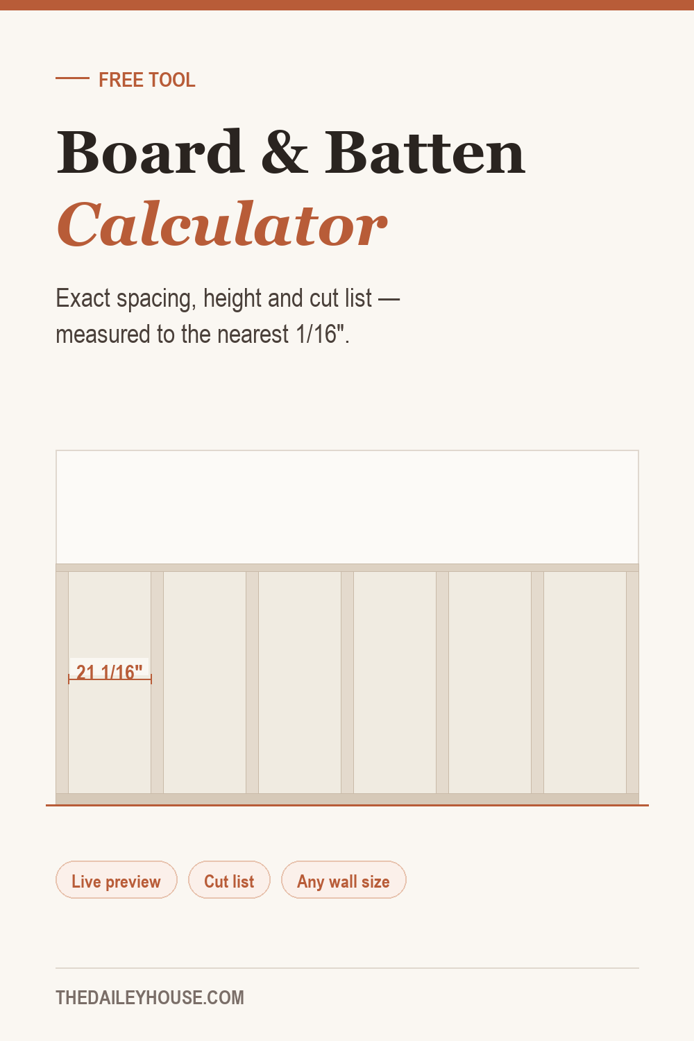 Board and batten spacing calculator with live wall preview and cut list