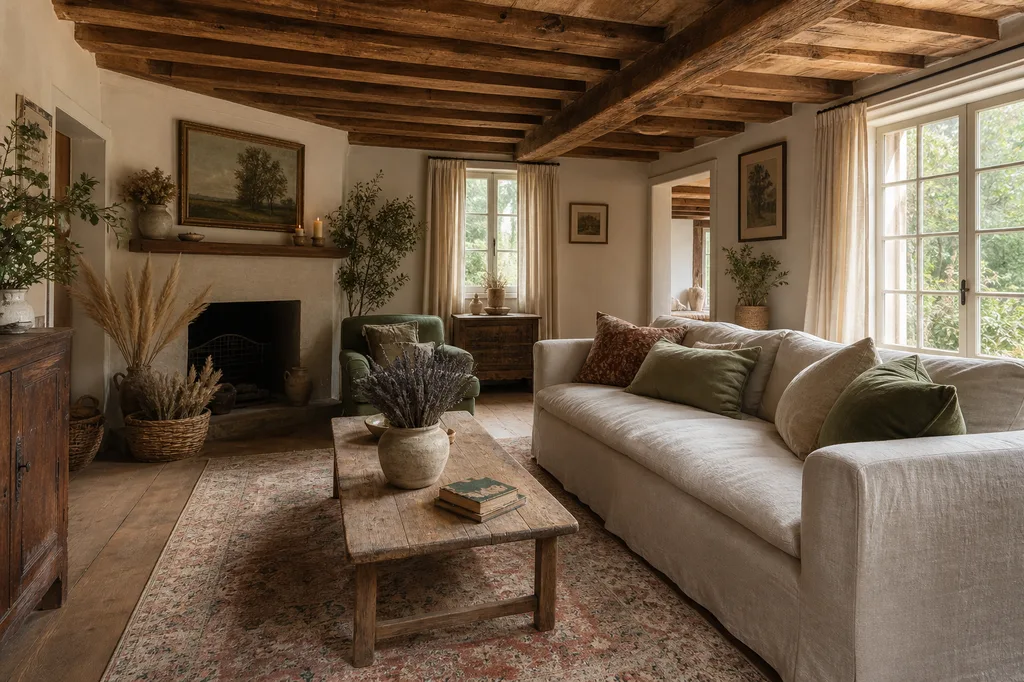 Cozy cottage core farmhouse living room with warm wood, linen textiles, and dried flowers