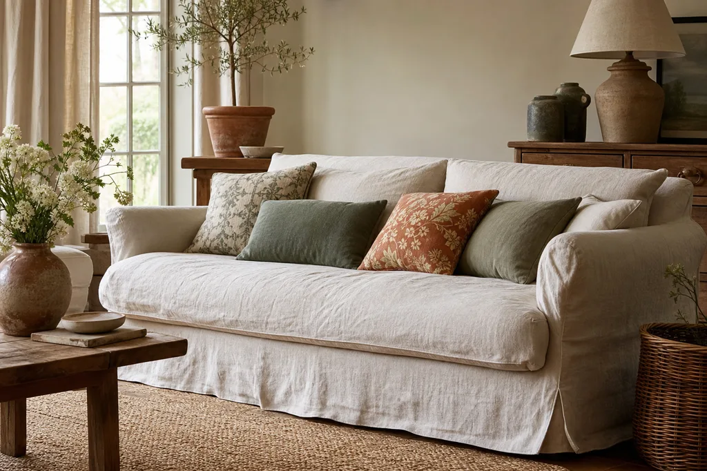 A slipcovered linen sofa, the anchor of a cottage core living room