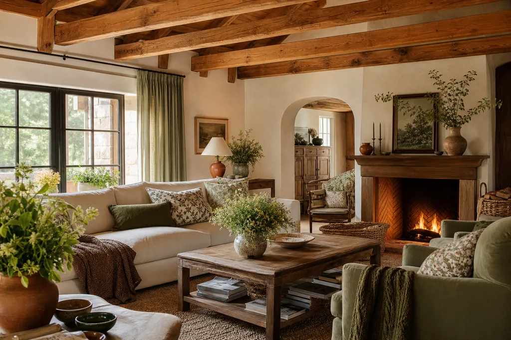 Exposed warm wood ceiling beams in a cottage core living room