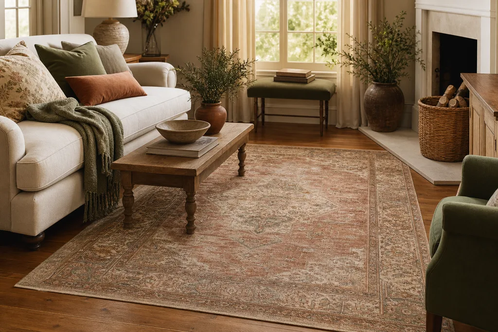 A faded vintage-style rug layered over wood floors