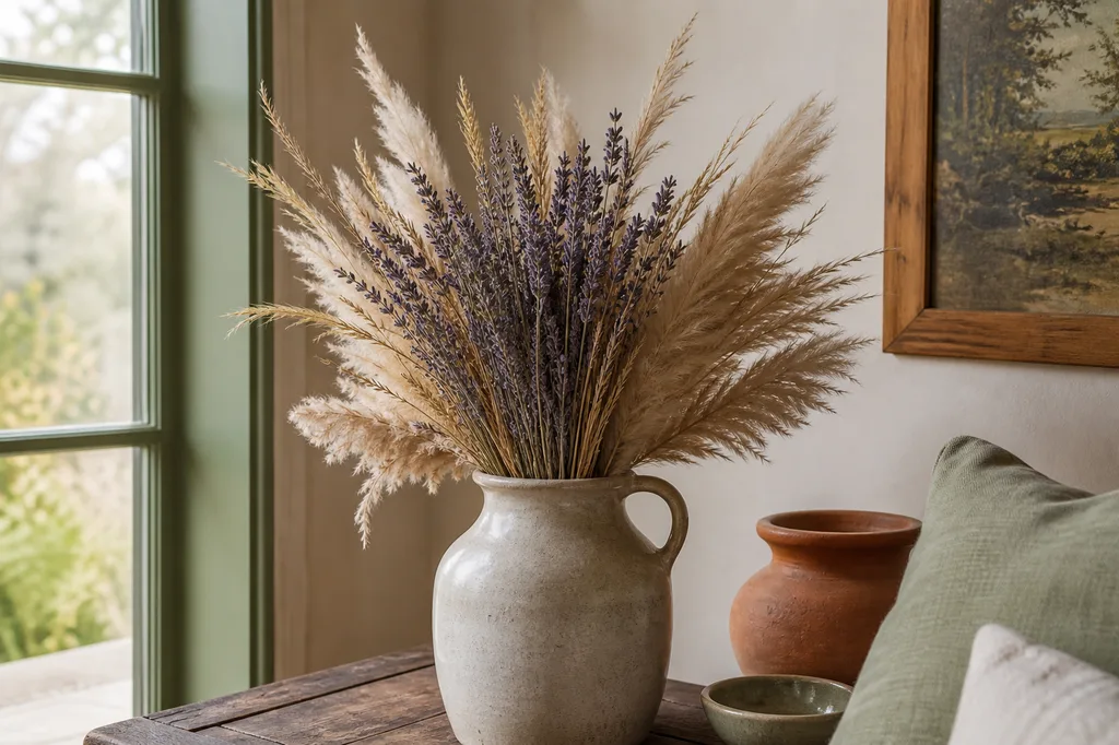 Dried lavender and pampas grass in a stoneware jug