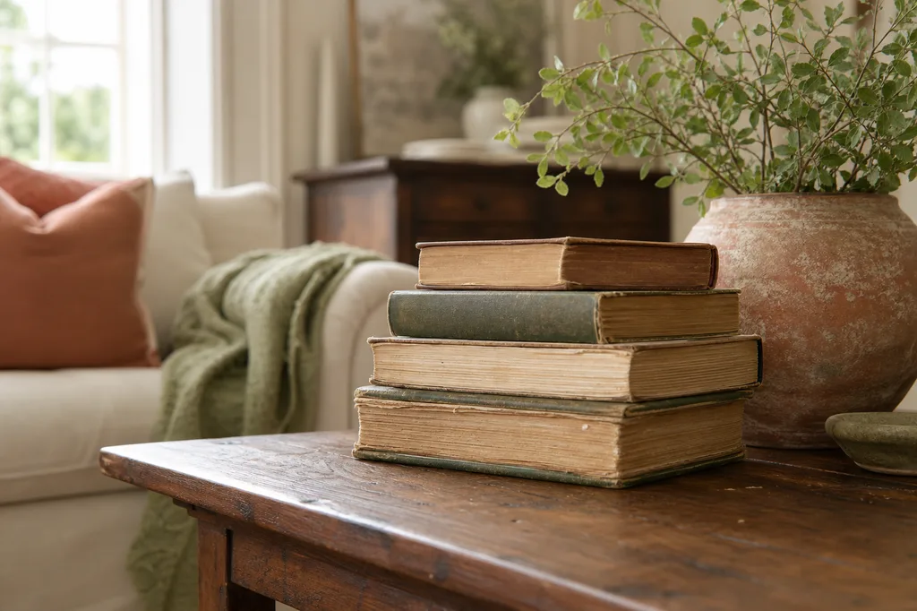 A stack of old worn hardcover books styled as decor