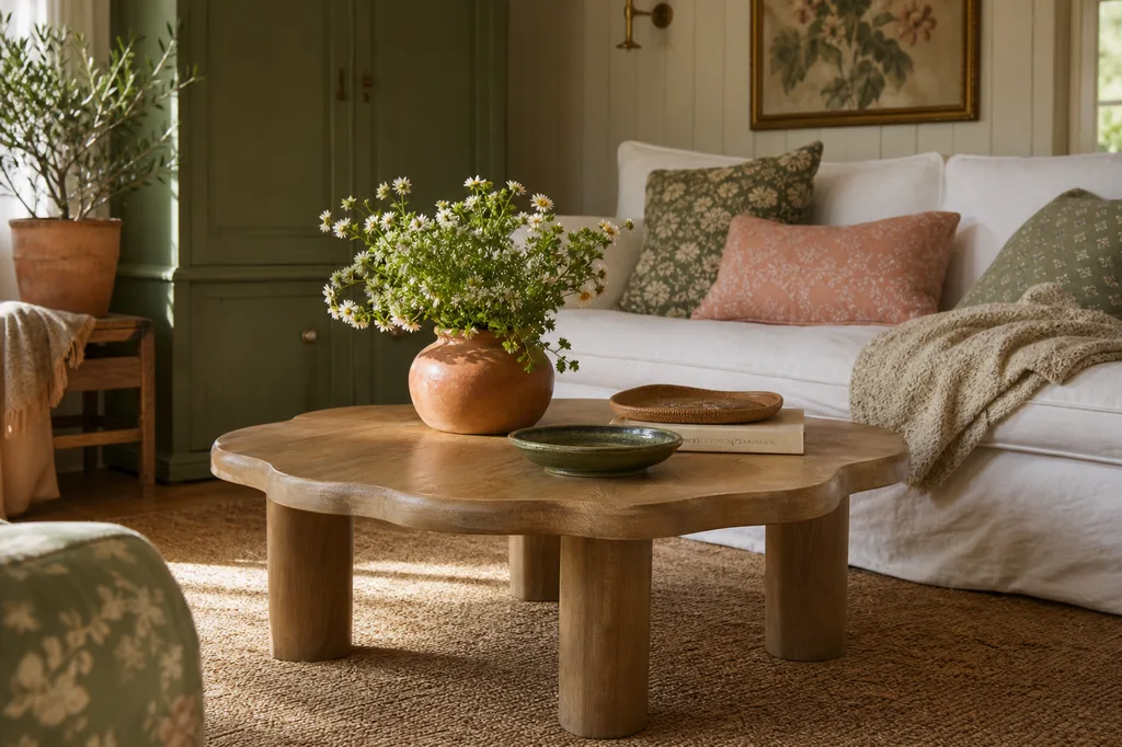 A rounded coffee table with curved scalloped edges