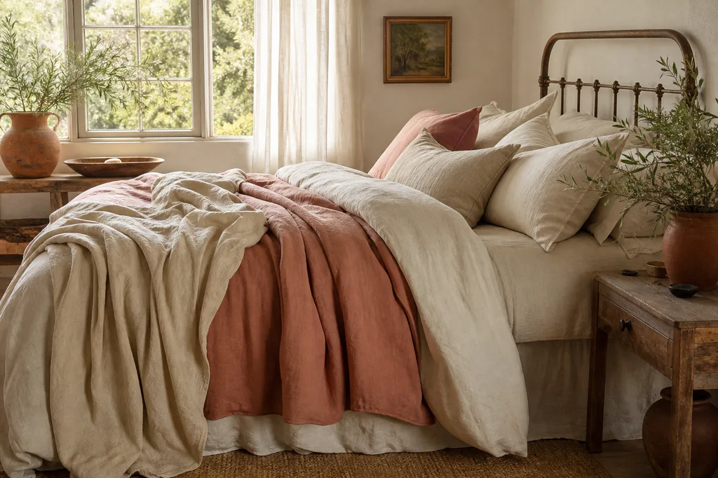 Layered linen bedding in cream and antique rose tones
