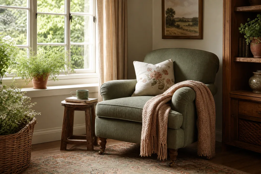 A cozy reading nook with an armchair by a sunlit window