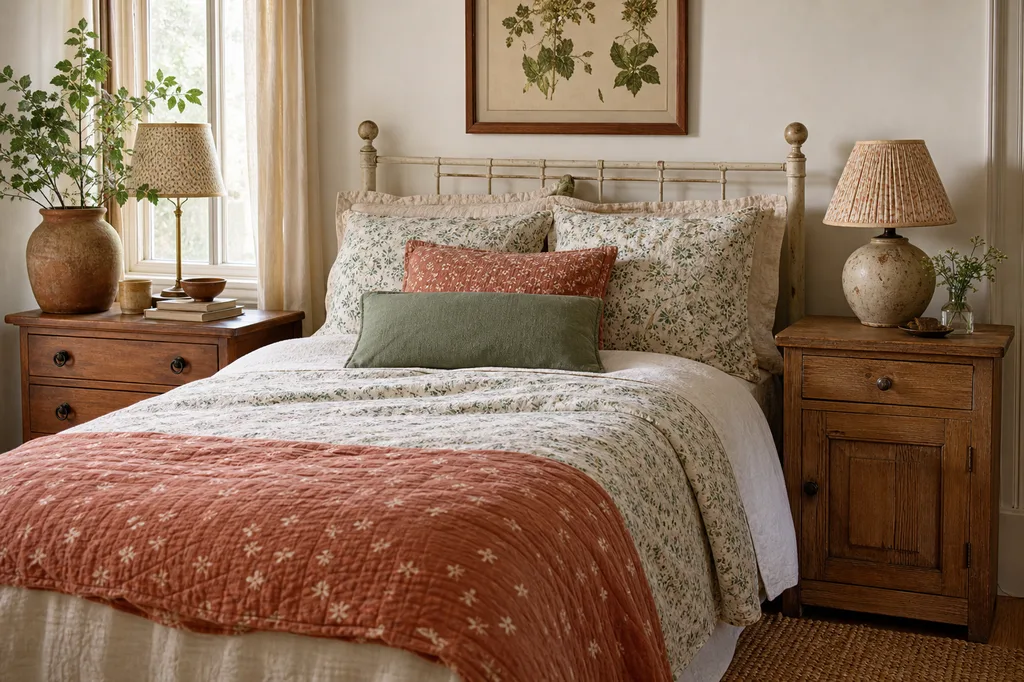 Two mismatched wood nightstands beside a cottage bed