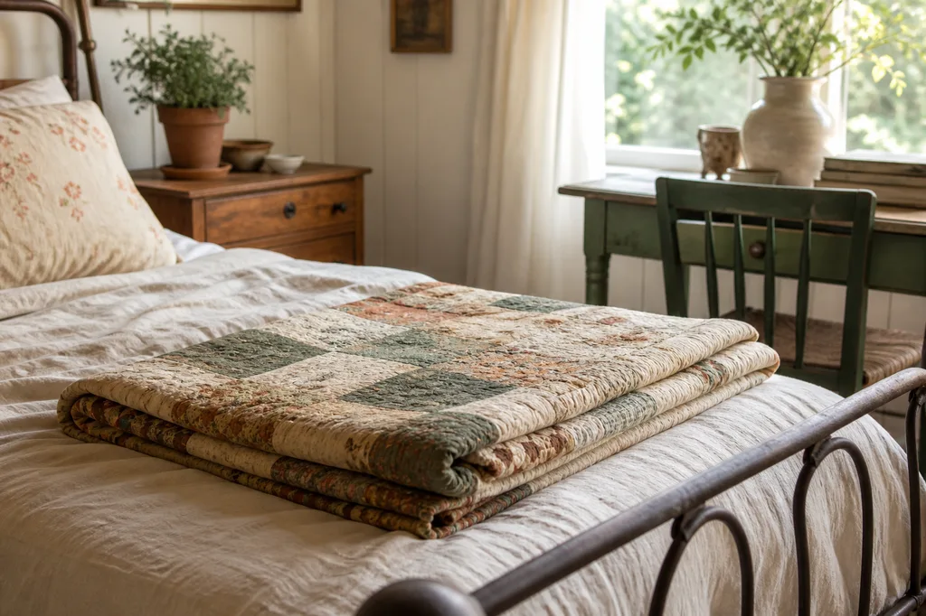 A worn vintage quilt folded at the foot of the bed
